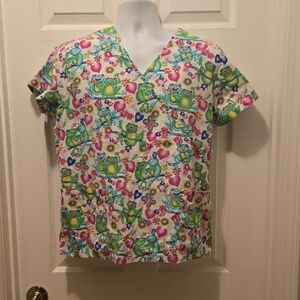 Pink & Green Frogs Love Women's Scrubs Top with Floral, Hearts & Animal Print L